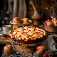 Apple pie served on a rustic wooden table. Traditional pie with filling, festive food for Thanksgiving, Halloween. Autumn harvest. Close-up, bokeh effect in the background.