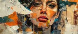 Fototapeta  - A woman's face is cut up into pieces and pasted together. The image is a collage of different colors and textures. Scene is chaotic and disordered, as the woman's face is not a cohesive whole