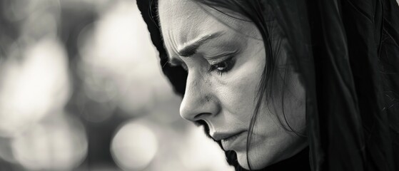 A woman with her eyes closed and a sad expression on her face. She is wearing a hoodie and she is crying