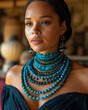 portrait of woman wearing turquoise bead necklace. 