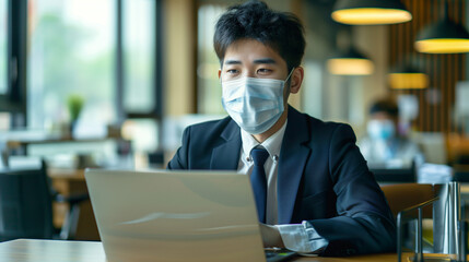 Poster - Asian businessman wearing surgical mask and working with laptop in the office