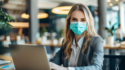 Poster - Asian businesswoman wearing surgical mask and working with laptop in the office