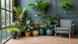 A room with a lot of plants and a chair. The plants are in various sizes and colors, and the chair is gray. The room has a natural and calming atmosphere, with the plants providing a sense of life
