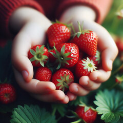 Wall Mural - little girls holding fresh strawberries in her hands