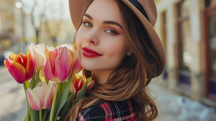 Wall Mural - A woman wearing a hat and holding a bouquet of flowers. She has a big smile on her face