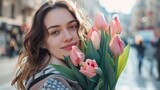 Fototapeta  - A woman is holding a bouquet of pink tulips. She is smiling and looking at the camera. The scene takes place on a city street with several other people walking around