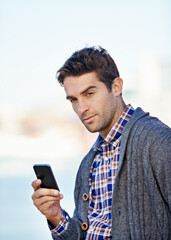 Poster - Man, smartphone and texting at harbor on mobile network by sea for typing, contact or reading outdoor. Person, phone and click at urban port in city for notification, app or social media in Cape Town