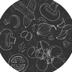 Wall Mural - Vegetable line art sketch black and white circle composition