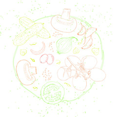 Wall Mural - Vegetable line art colorful sketch circle composition