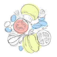 Wall Mural - Circle composition vegetables illustration sketch art with pastel bright color
