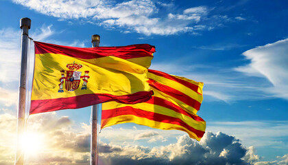 Close-up of a Spanish and Catalan flag (la Rojigualda and Senyera) with flagpole, blowing in the wind on a blue sky with clouds, sunbeams and copy space. Generative Ai.