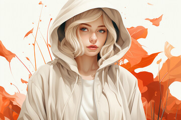 Portrait of a beautiful girl in a white coat with a hood