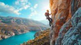 Fototapeta  - athletic rock climber in safety gear making a climb on rugged terrain