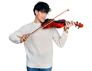 Canvas Print - Handsome hipster young man playing violin smiling with a happy and cool smile on face. showing teeth.