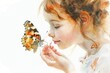 A heartwarming scene illustrating a young girl interacting with a butterfly, her anatomy partially revealed in watercolor to show the lungs and how they might be fluttering like the wings of the butte