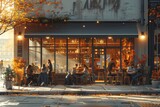 Fototapeta  - cozy ambiance of a blurred coffee shop or cafe restaurant, with abstract light creating a dreamy background atmosphere.