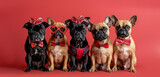 Fototapeta Sport - Banner five different dog breeds celebrating valentine's day with heart shape stickers, bow tie, glasses and diadem. background is cozy red scandinavian style living room