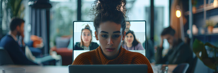 Sticker - a young woman sitting in front of a laptop. on the screen, faces of people in a business meeting. They talk about important things, but they are calm, relaxed. 