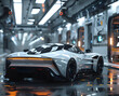 A sleek futuristic vehicle sits inside a garage, with its shiny wheels and tires, stylish automotive lighting, and aerodynamic automotive design