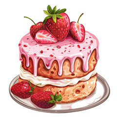 Poster - Cute cartoon strawberry cake clip art on transparent background PNG
