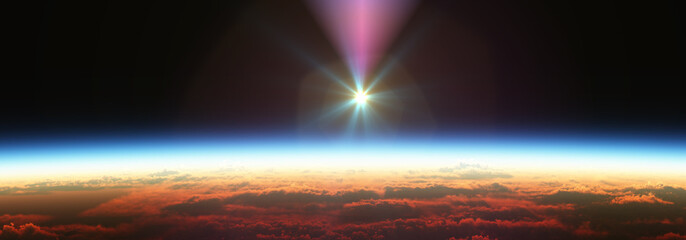 Wall Mural - earth sunrise from space over cloudy ocean. 3d rendering