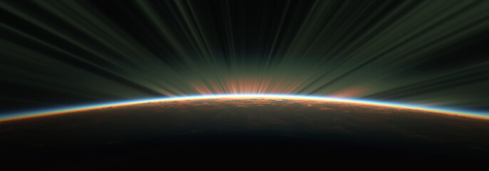 Wall Mural - sunrise from space aurora, 3d rendering