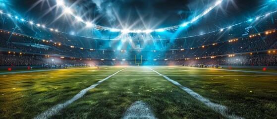 Canvas Print - Football field shimmering under bright stadium lights, capturing the dynamic energy of the game in a panoramic view.