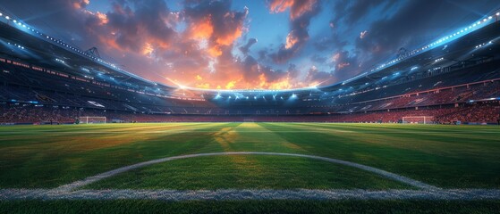 Wall Mural - Football field shimmering under bright stadium lights, capturing the dynamic energy of the game in a panoramic view.