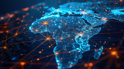 Wall Mural - Digital map of Africa, concept of global network and connectivity, high speed data transfer and cyber technology, business exchange, information and telecommunication. Map for business