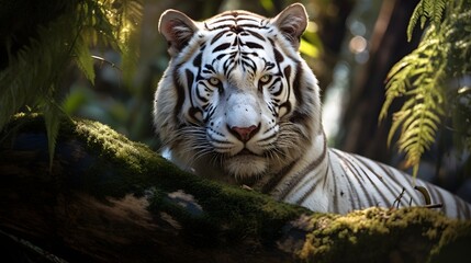 Close up portrait of a white tiger, blurred out forest background banner wallpaper HD, sunlight 