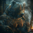 A bear in a smoky room, cigar in mouth