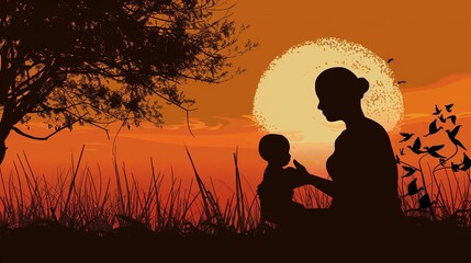 Radiant Mother-Son Silhouette: Honor Motherhood with this Touching Illustration.  Mother's Day illustration with a mother holdin her child, warm colors, bright background