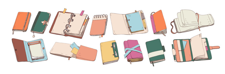 Poster - Paper notebooks, drawing sketchbooks, notepads set. Business planners, open note books, closed diaries, agenda organizers. Hand-drawn realistic vector illustrations isolated on white background