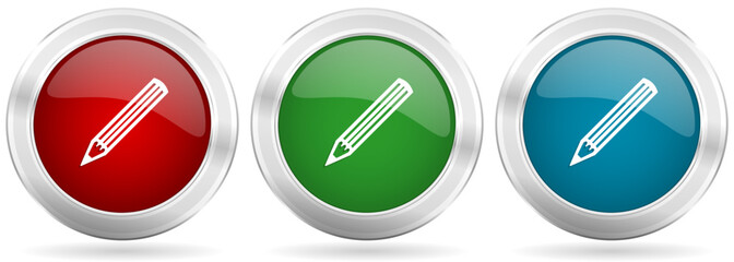 Leinwandbilder - Pencil vector icon set. Red, blue and green silver metallic web buttons with chrome border