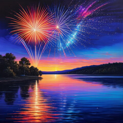 Canvas Print - Colorful fireworks on the background of the river and the sky.