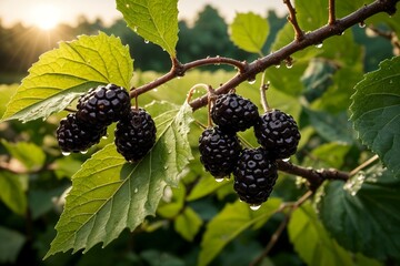 Wall Mural - ripe mulberry, on a branch outdoors