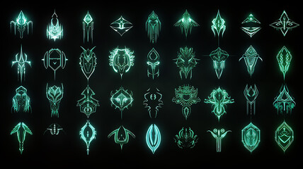 collection of runes, fictional icons of mystical magic, glowing set symbols on a black background, neon mysterious symbols