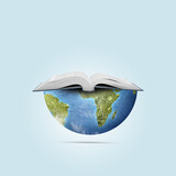 Fototapeta Sawanna - Image of an open book on a hal cut globe earth isolated over white background. World book days concept.