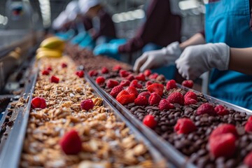 Wall Mural - Production line conveyor for mixing granola, muesli, crunch or raspberry cereal and chocolate in a factory, selective focus
