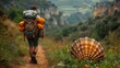 Traveler with backpack walks on trail next to shell in natural landscape