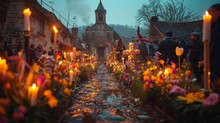 Landscape Of A Cemetery With Candles, Flowers, And A Church In The Background