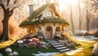 A captivating modern fairy house design resembling, surrounded by a profusion of flowers in bloom, while soft winter sunlight bathes the scene in a golden hue, creating a dreamy atmosphere.