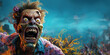 Une illustration d'un personnage zombie hurlant de rage, image avec espace pour texte.