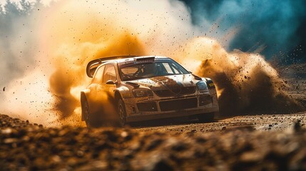 Dramatic shot of a rally car kicking up dirt as it maneuvers through a sharp turn on a dirt track