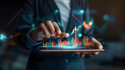 Poster - Businessman holding tablet showing stock market economy graph statistic growth of profit analyzing financial exchange.