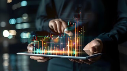Poster - Business man holding tablet and showing holographic graphs and stock market statistics gain profits. Concept of growth planning and business strategy.