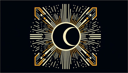 Art Deco style of solar eclipse on Black background.Generative AI illustration
