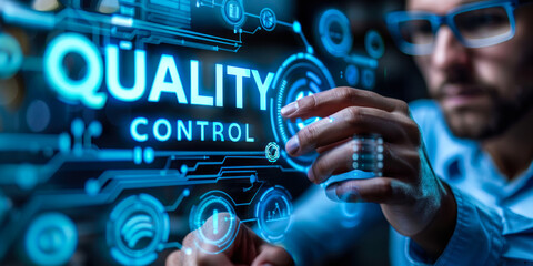 Poster - Quality control ensures products or services meet established standards, monitored through inspection, analysis, continuous improvement techniques, visualized by search, checklists, certification