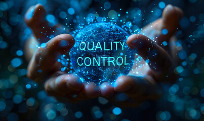 Poster - Quality control ensures products or services meet established standards, monitored through inspection, analysis, continuous improvement techniques, visualized by search, checklists, certification