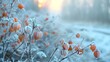 Frozen physalis plants glistening with delicate ice crystals, suspended in winter's grasp. 